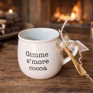 Ceramic Cocoa Mug “Gimme S’more Cocoa” with Attached Wooden Spoon Gift Set